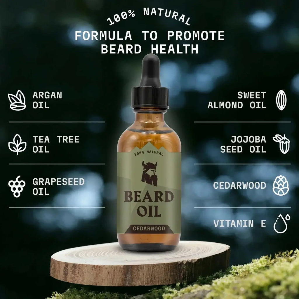 Beard Oil Cedarwood with natural ingredients for promoting beard health, featuring argan oil, sweet almond oil, and more.