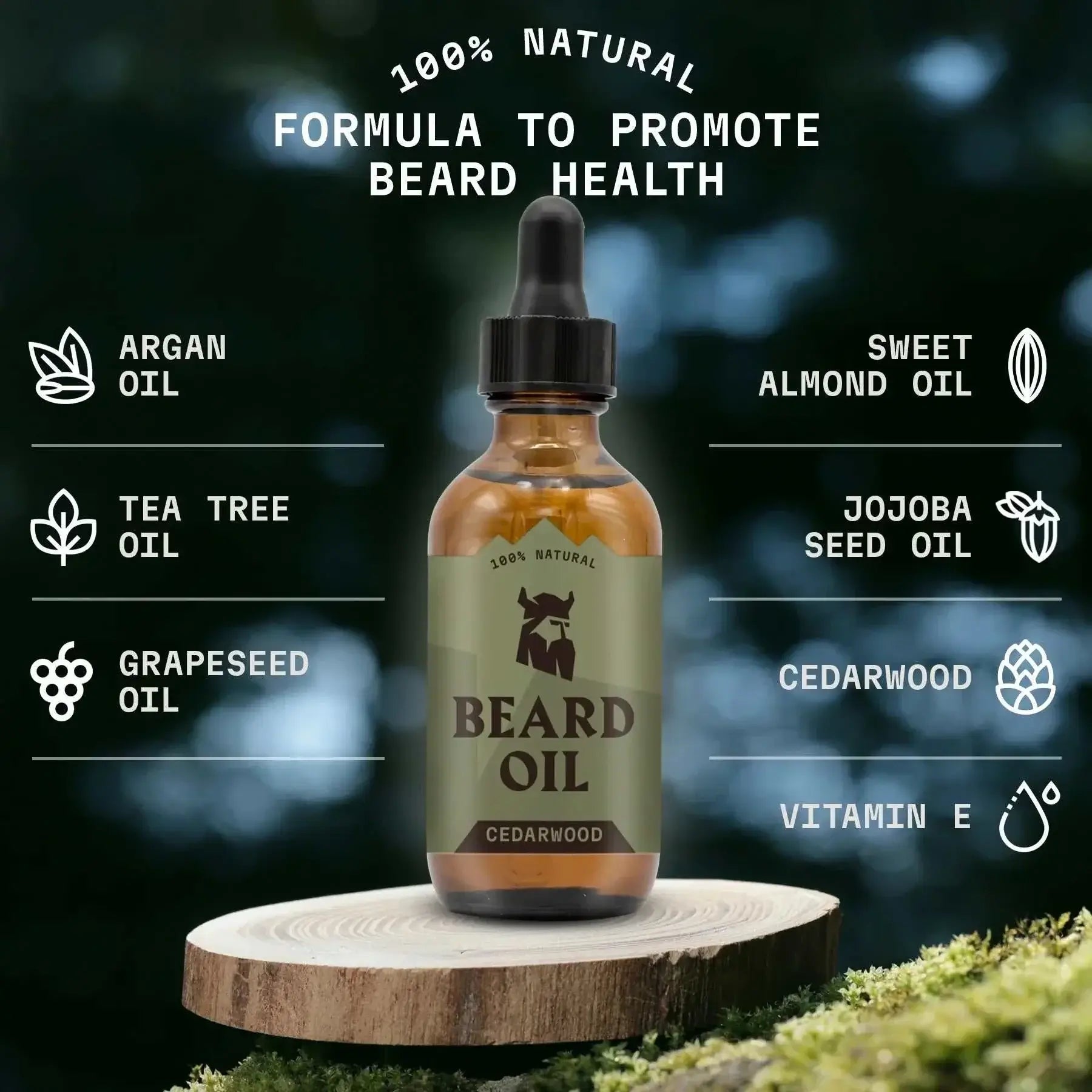 Beard Oil Cedarwood with natural ingredients for promoting beard health, featuring argan oil, sweet almond oil, and more.