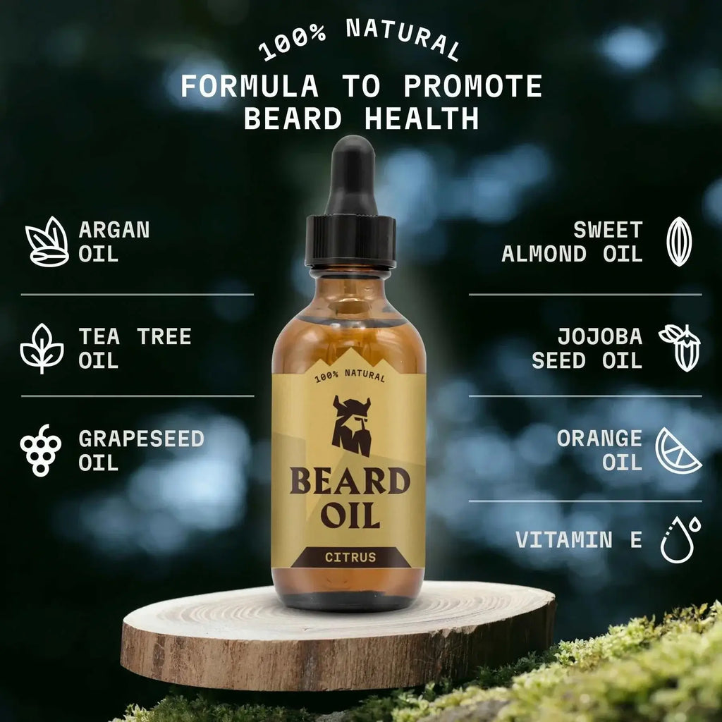 Natural beard oil with citrus scent, featuring a dropper bottle and promoting beard health with ingredients like argan oil, jojoba oil, and vitamin E.