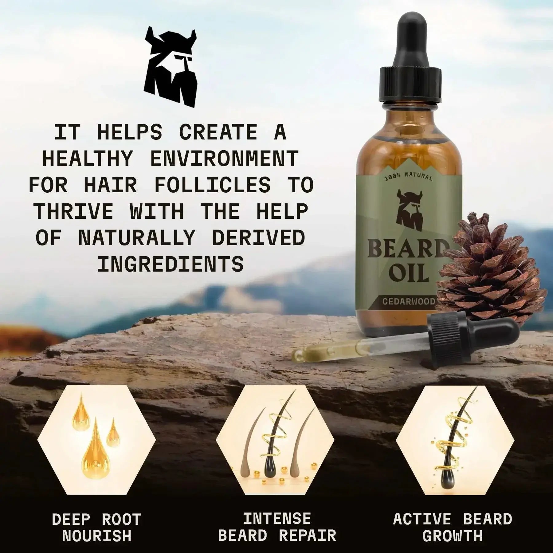 Beard Oil Cedarwood with dropper on wooden surface, promotes healthy beard growth and nourishment, featuring natural ingredients.