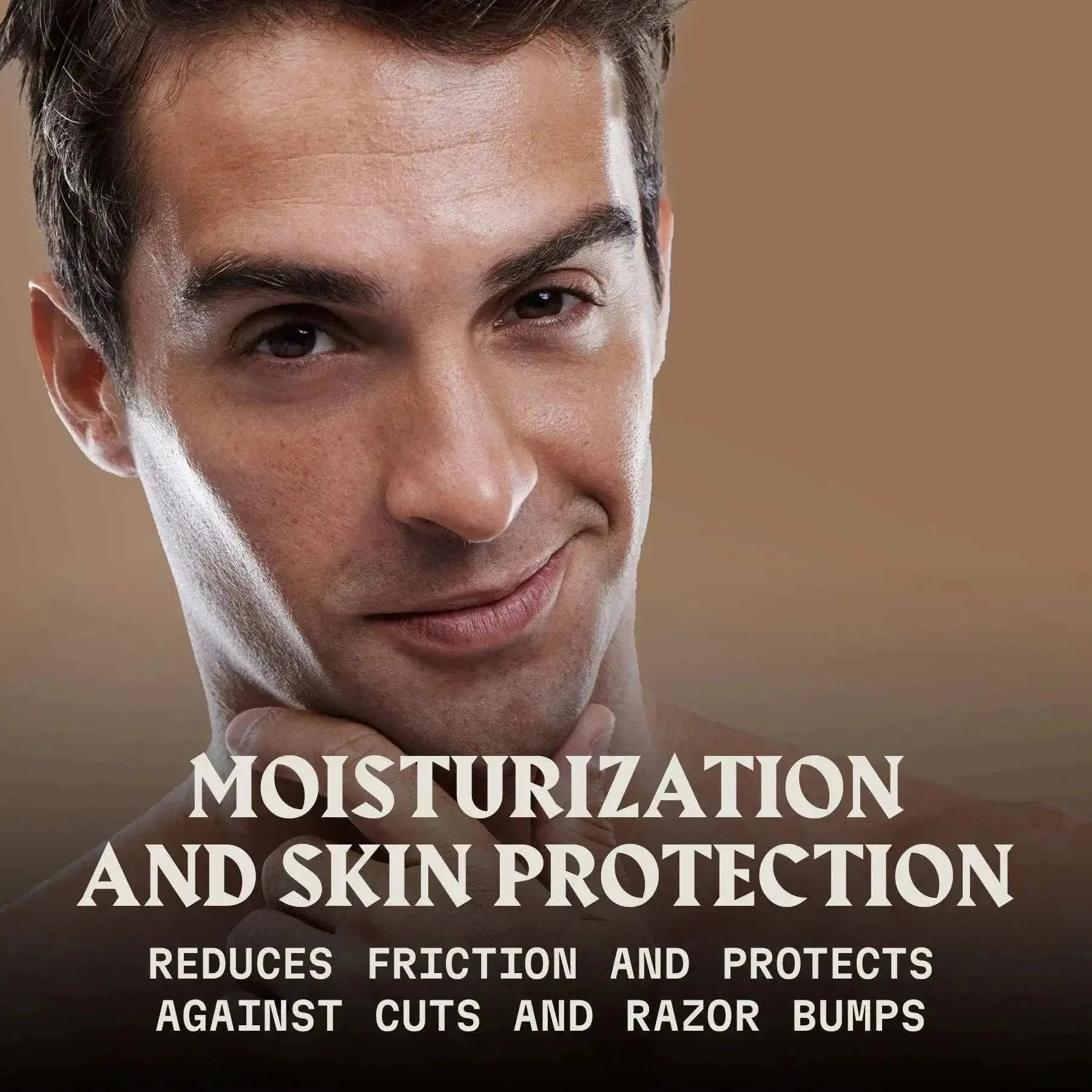 Man smiling with moisturized face, promoting Striking Viking Sandalwood Shaving Cream for men, highlighting skin protection and reduced friction benefits.