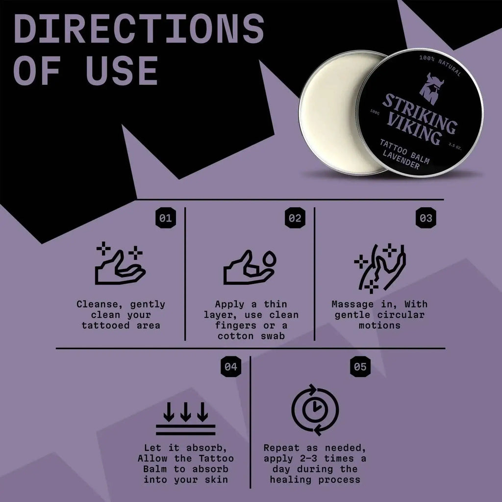 Striking Viking Tattoo Balm Lavender with usage directions for tattoo care and healing.