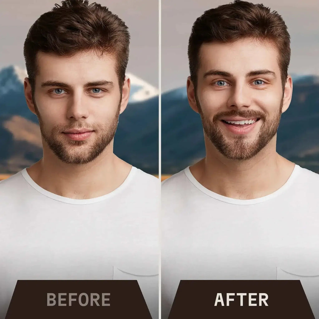 Before and after results using beard growth oil for men with vanilla scent, showing fuller and thicker beard enhancement.