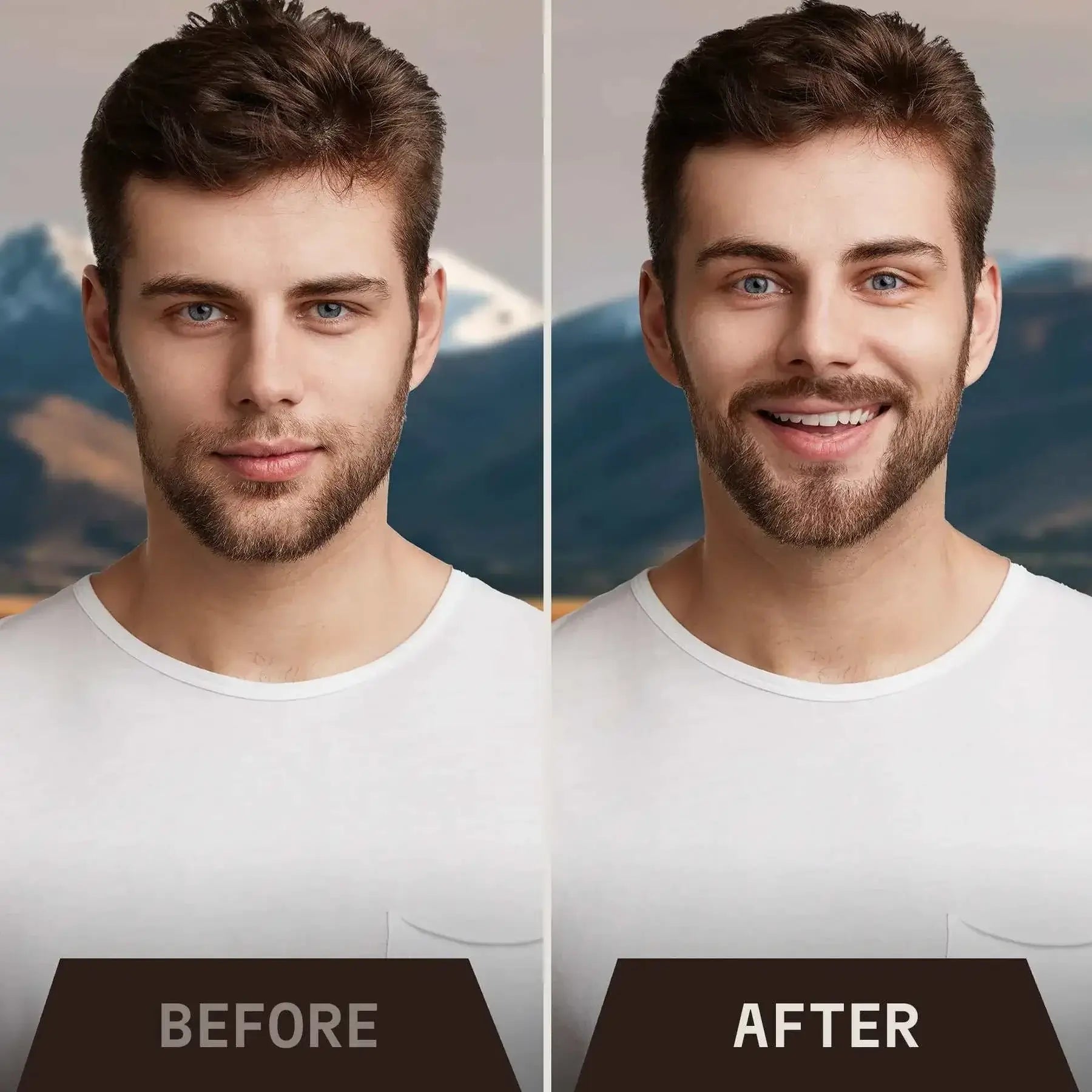 Before and after results using beard growth oil for men with vanilla scent, showing fuller and thicker beard enhancement.