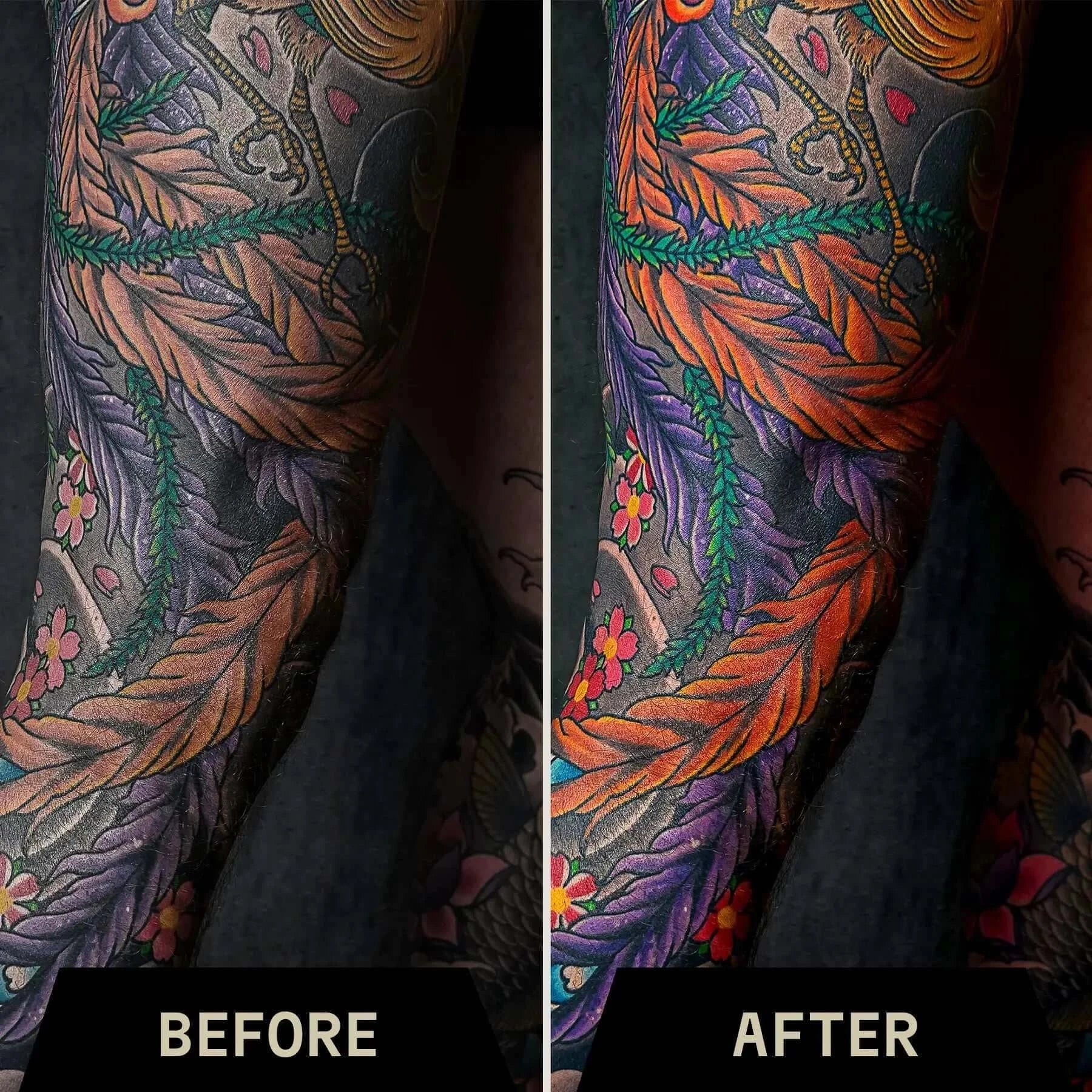 Tattoo comparison showing vibrancy before and after using vanilla tattoo balm.