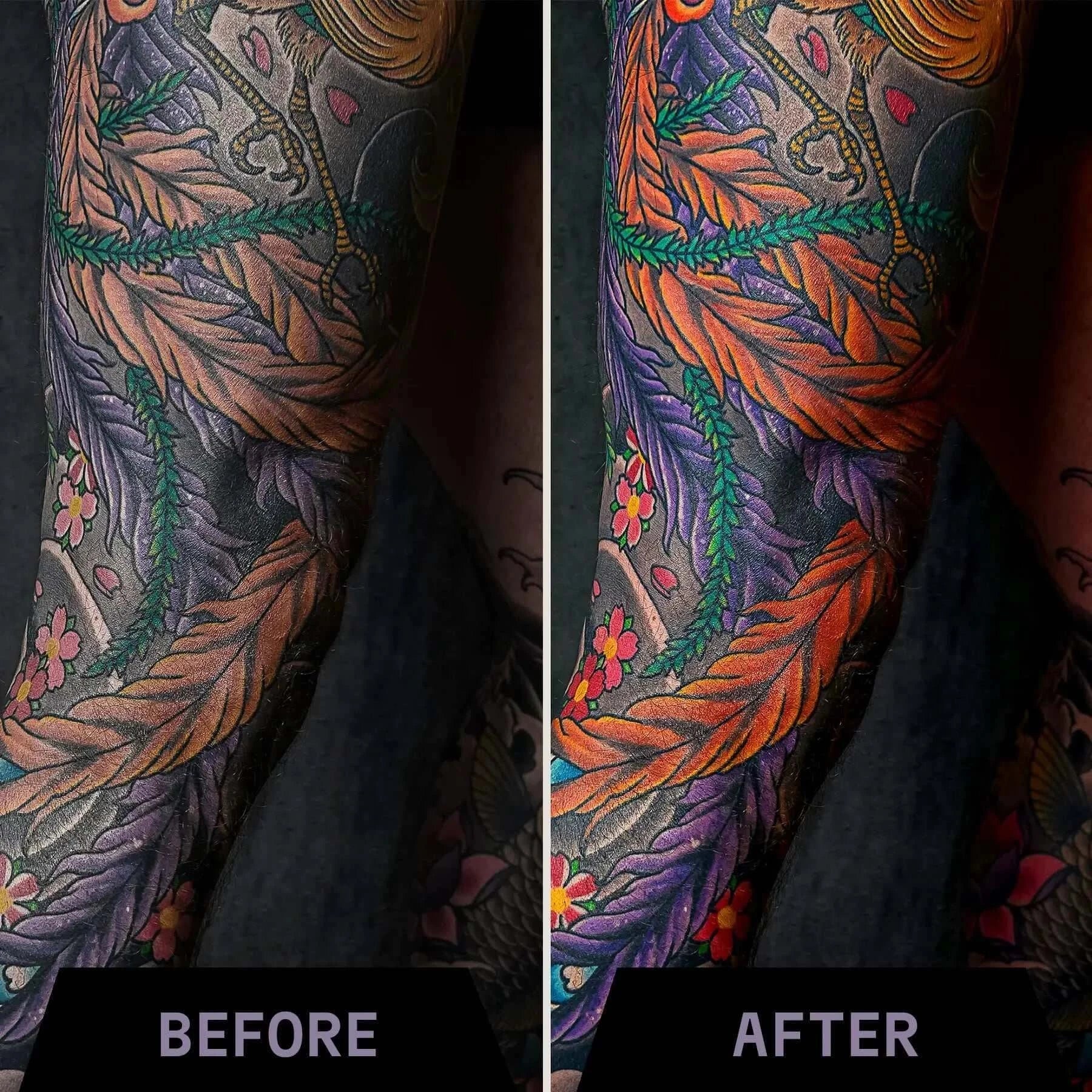 Tattoo Balm with lavender for vibrant tattoo care, showing before and after results on arm tattoo.