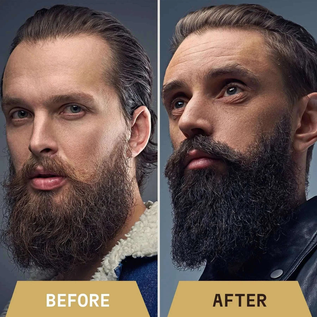 Before and after effects of using beard oil showing enhanced beard texture and appearance.