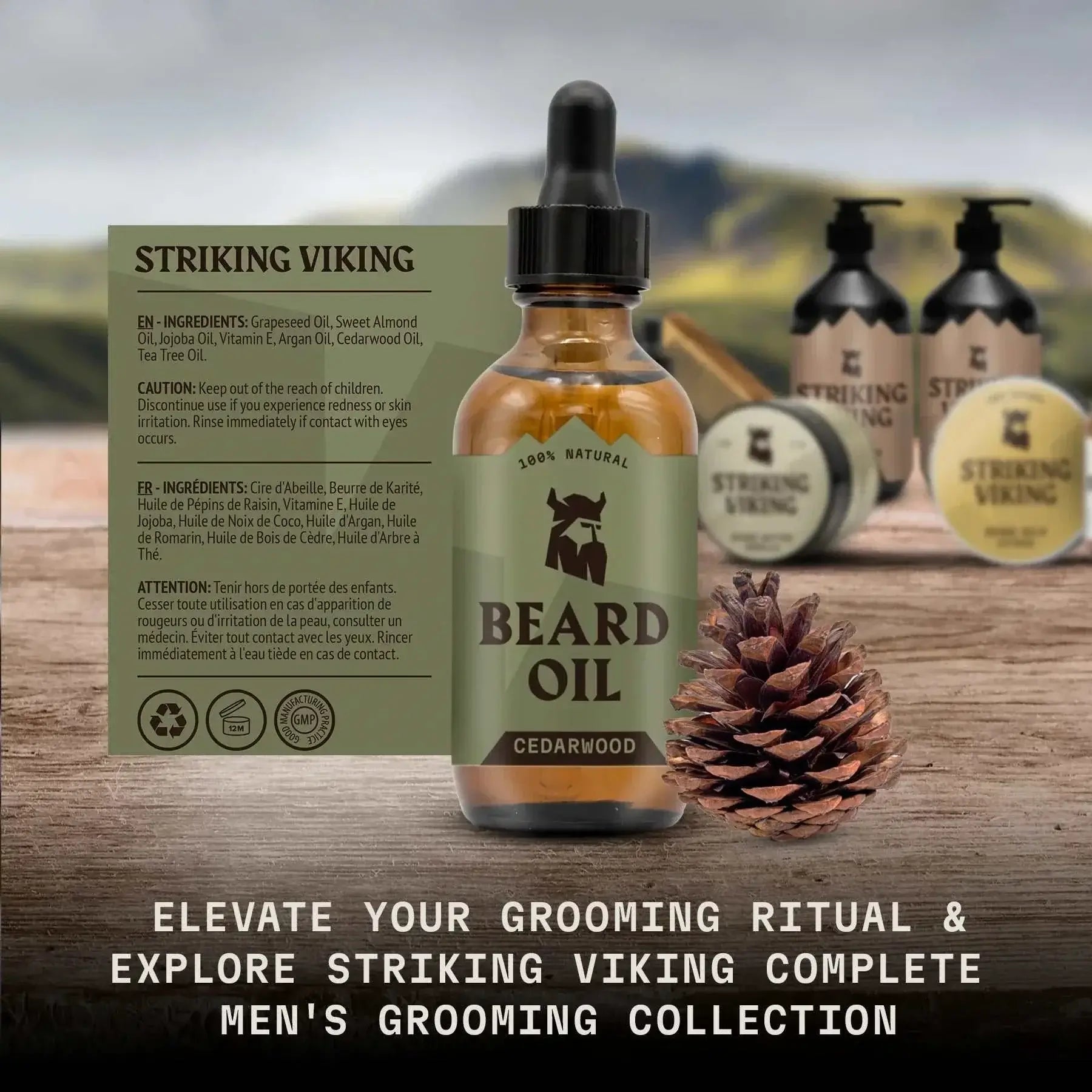 Beard Oil Cedarwood bottle with natural ingredients, promoting beard growth and softness.