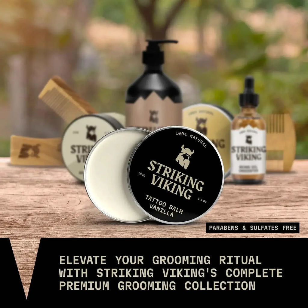 Tattoo Balm by Striking Viking with vanilla, for soothing and enhancing tattoo vibrancy.