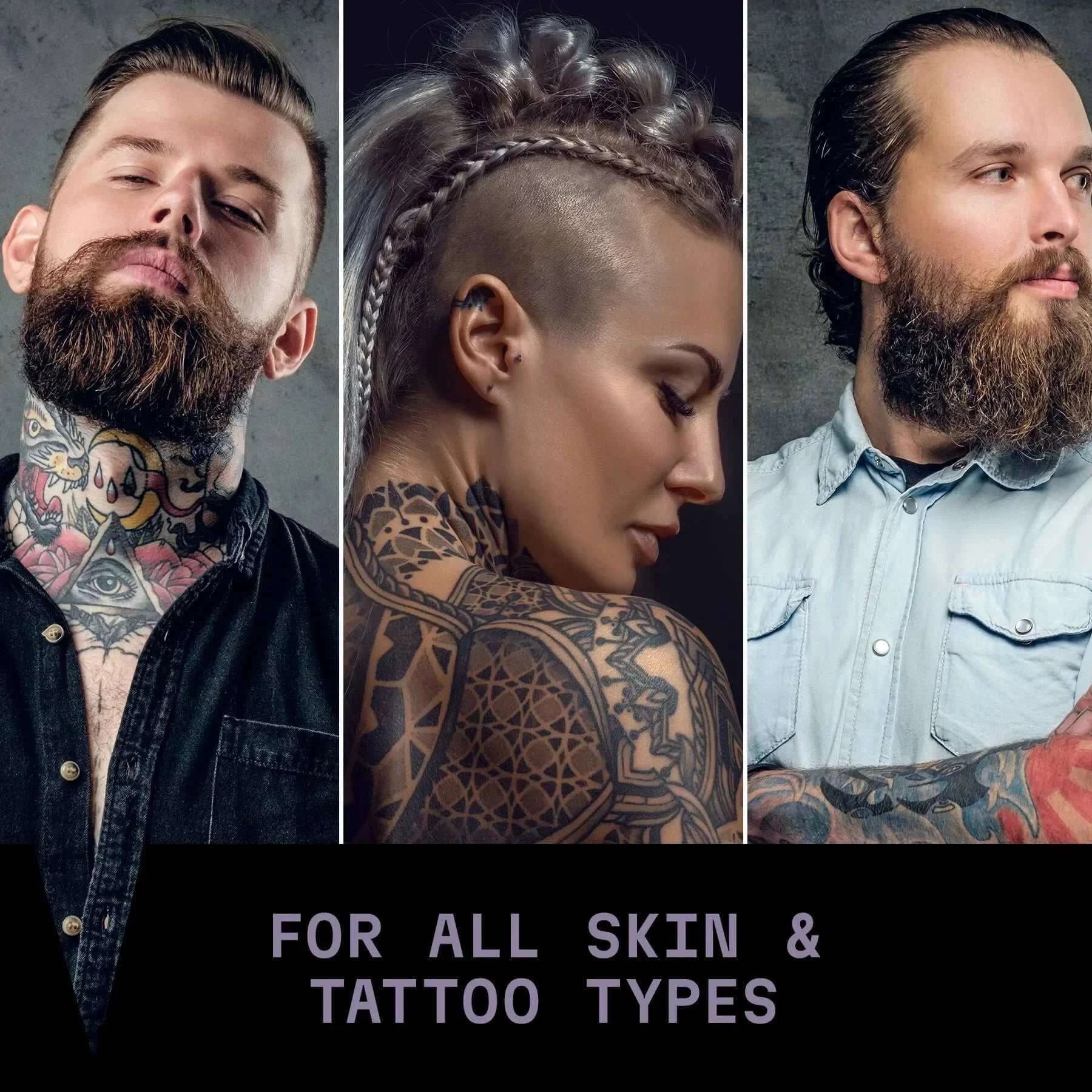 Tattooed individuals showcasing vibrant ink, promoting Striking Viking Tattoo Balm for all skin and tattoo types.