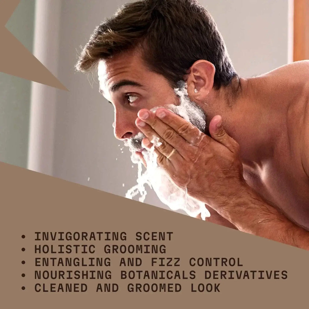 Man using Striking Viking Beard Shampoo in Sandalwood for grooming.