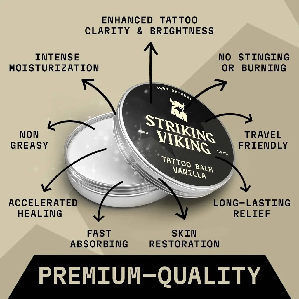 Tattoo balm with vanilla essence for enhanced tattoo vibrancy and skin restoration.
