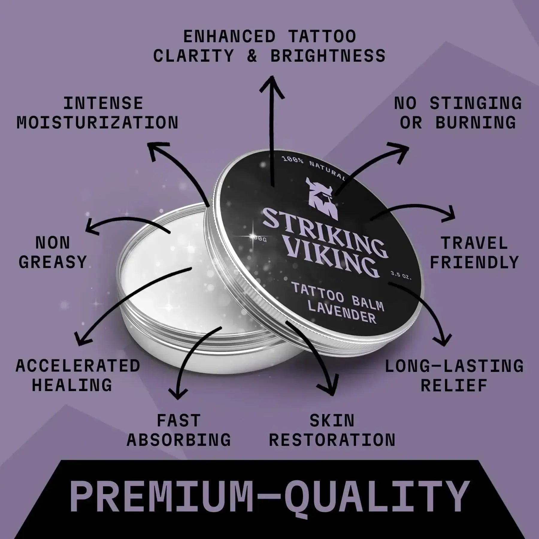 Tattoo Balm - Lavender by Striking Viking in open tin, highlighting benefits like enhanced tattoo clarity, intense moisturization, and long-lasting relief.