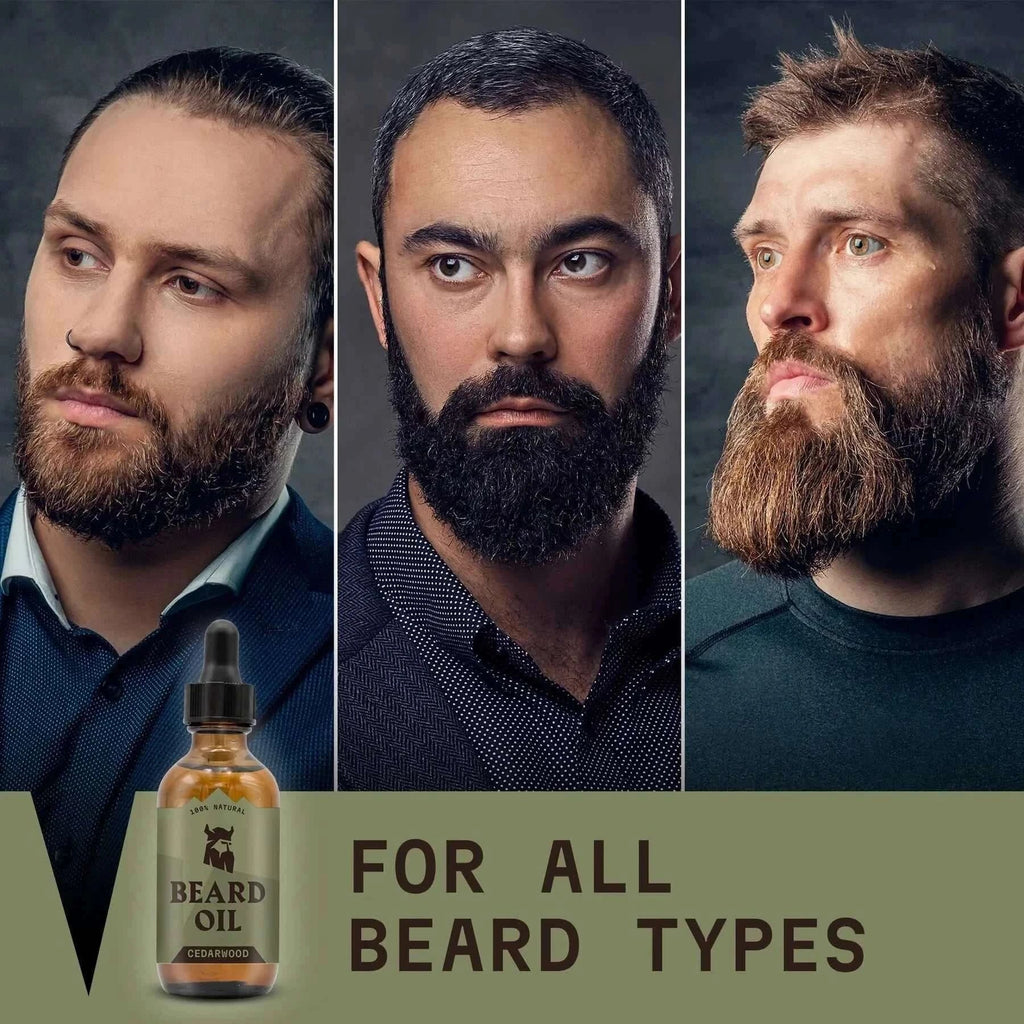 Beard oil cedarwood for all beard types with three men showcasing healthy beards.