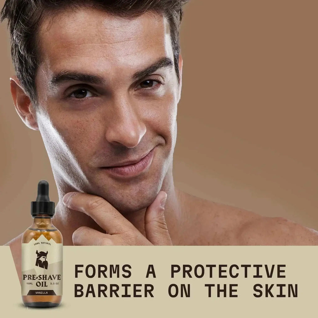 Pre Shave Oil for Men with Vanilla scent, provides protective barrier for irritation-free shave.