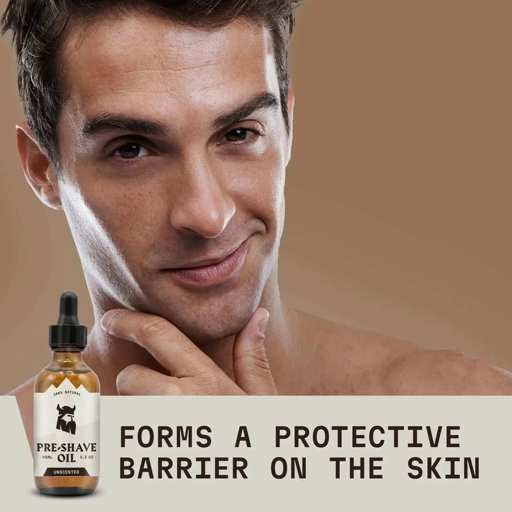 Unscented pre shave oil for men providing skin protection and hydration.