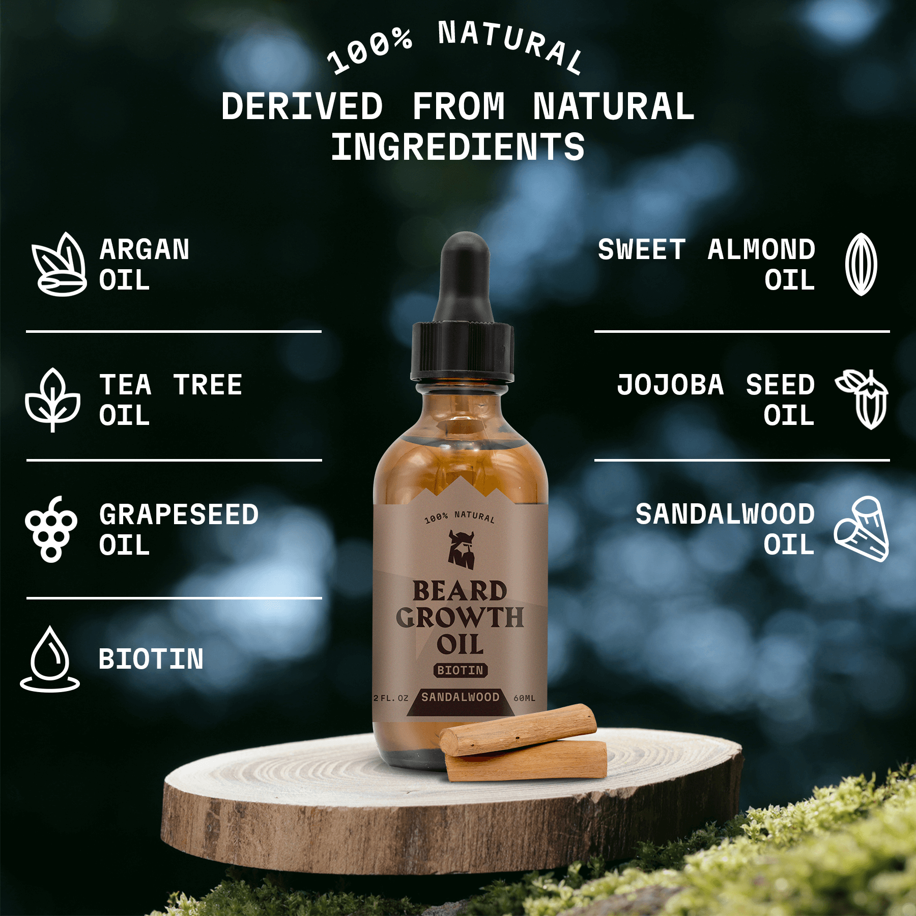Beard Growth Oil Biotin Sandalwood with natural ingredients in a bottle.