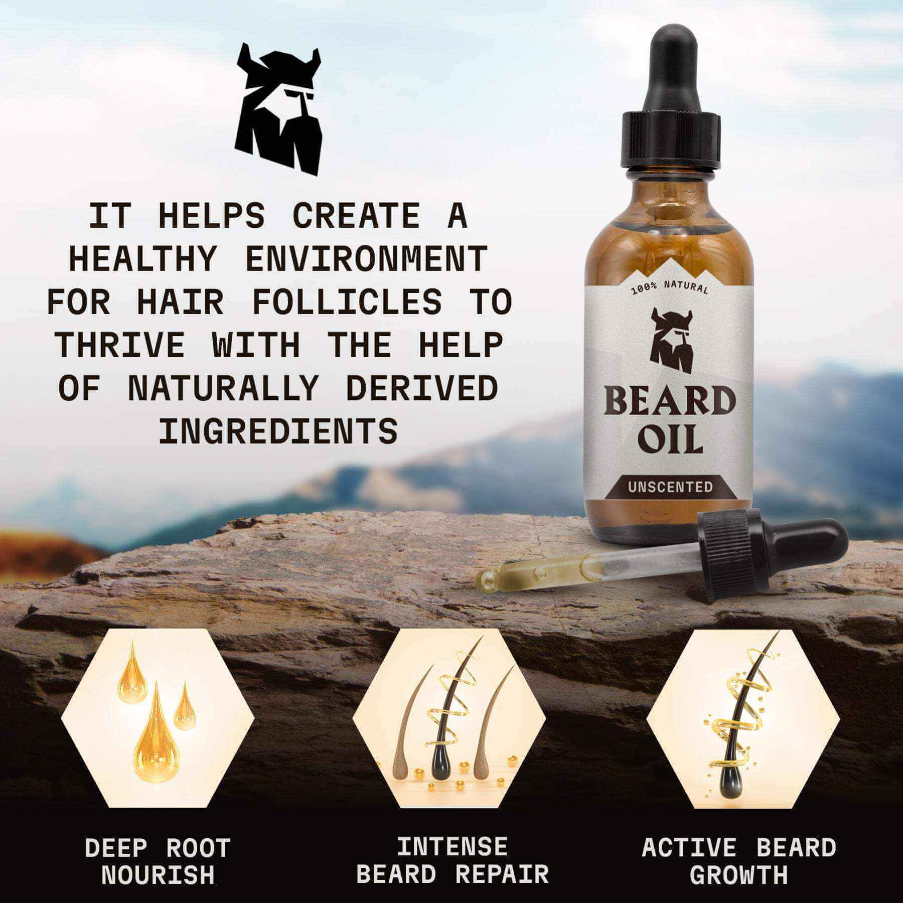 Beard Oil Unscented bottle with dropper, featuring naturally derived ingredients for deep root nourishment, intense repair, and active growth.