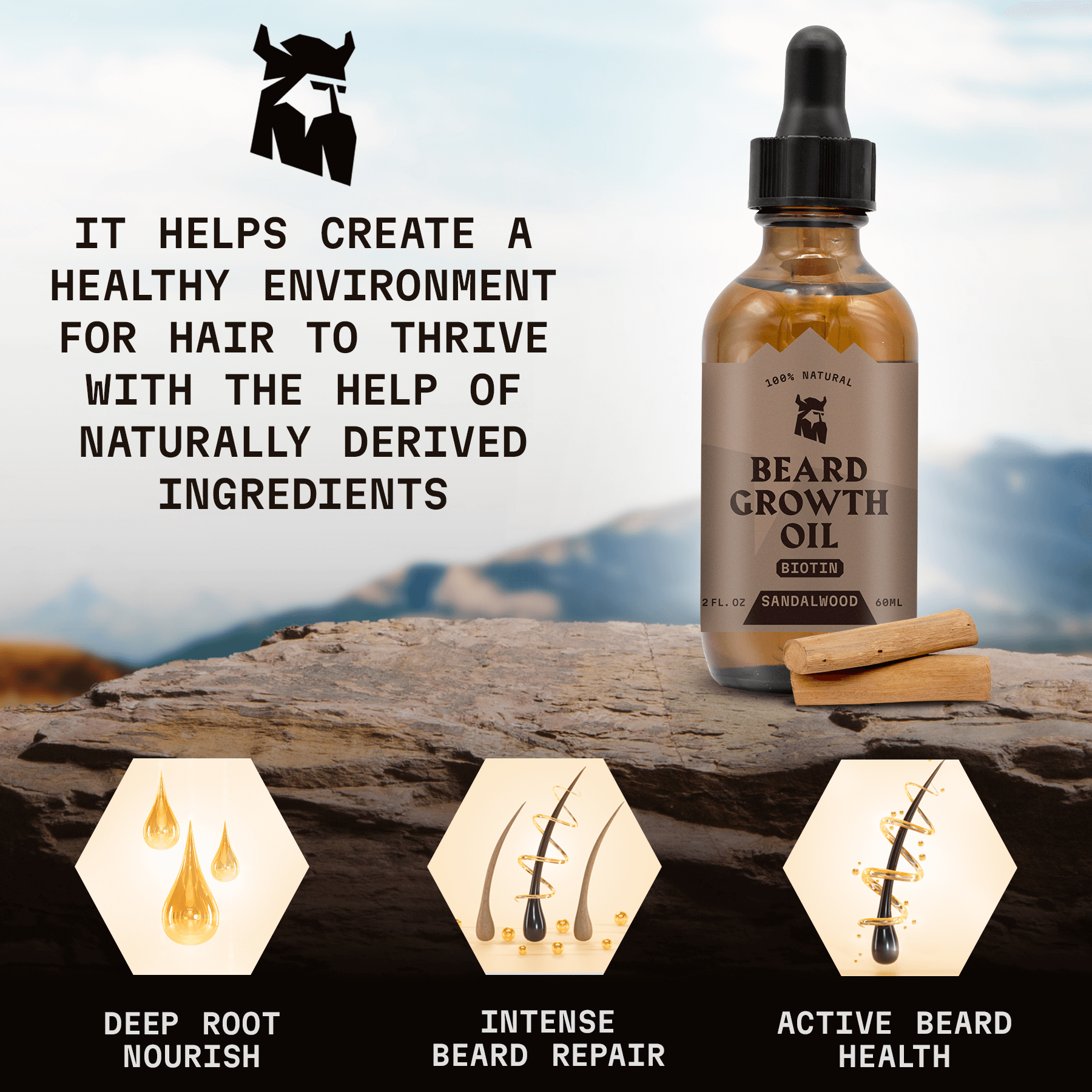 Beard Growth Oil Biotin Sandalwood for Fuller Thicker Beard with Natural Ingredients.