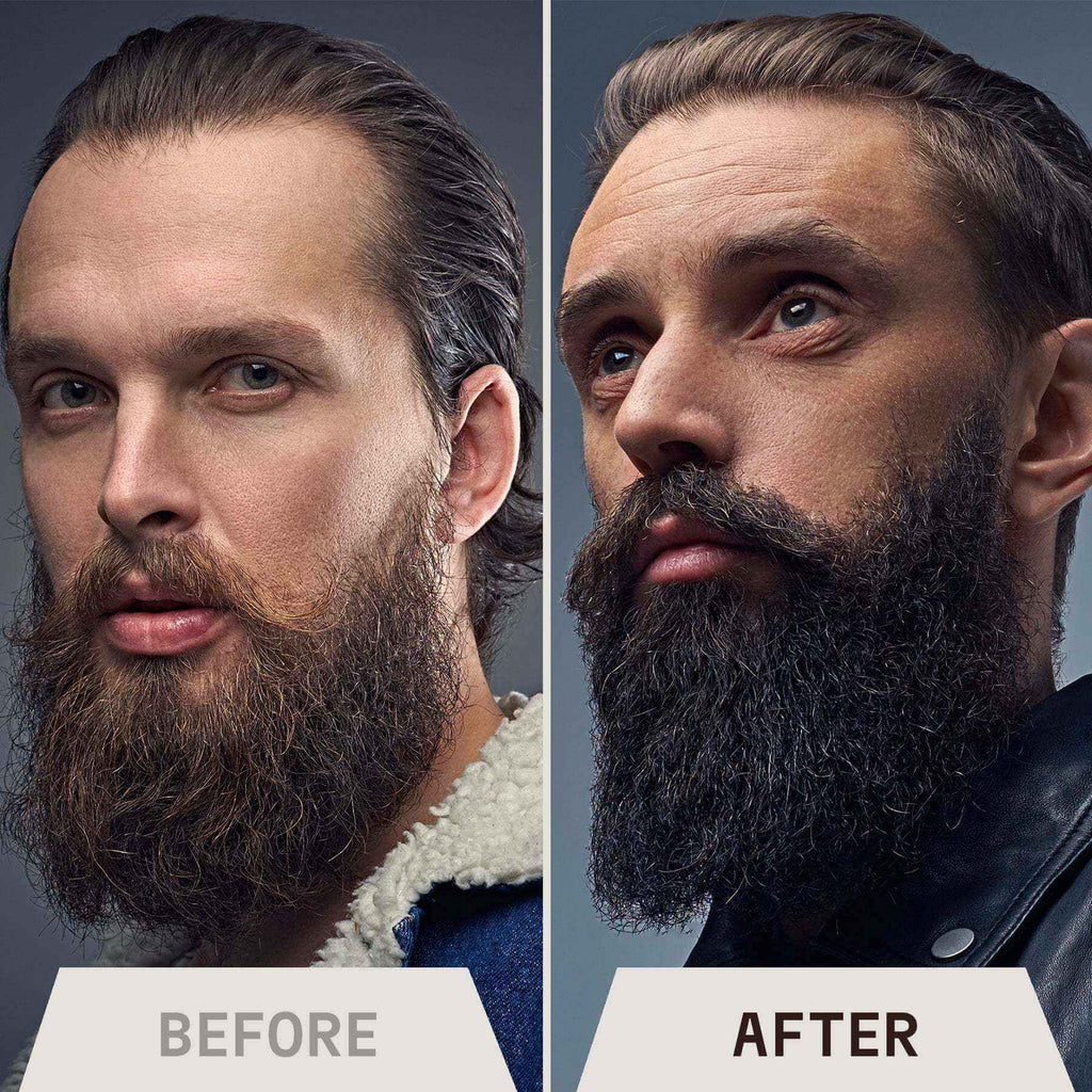 Before and after images showing the effect of using unscented beard oil for healthier, shinier beard growth.