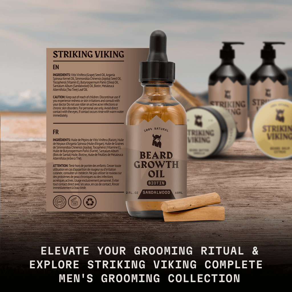 Beard Growth Oil Biotin (Sandalwood) bottle with surrounding grooming products, designed for fuller, thicker beards.