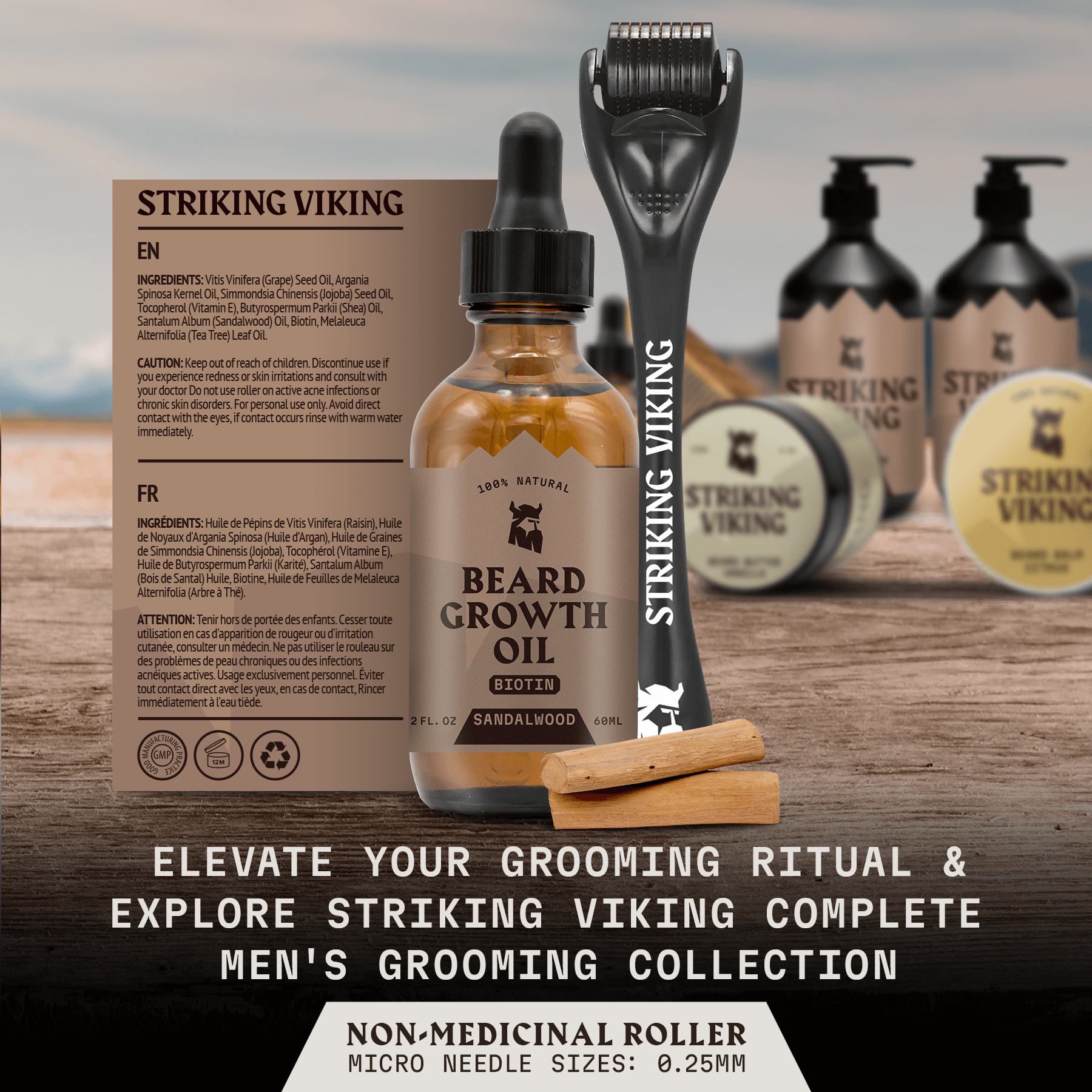 Beard growth kit with beard oil and derma roller, sandalwood scent.