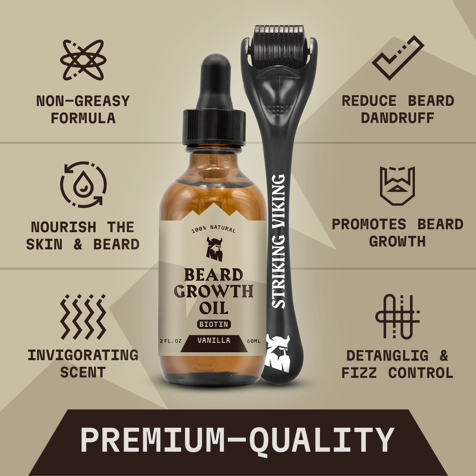 Beard Growth Kit with vanilla-scented oil and derma roller for thicker, healthier beard.