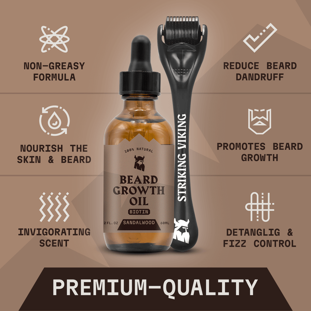 Beard Growth Kit with Sandalwood-scented oil and derma roller for thicker beard.