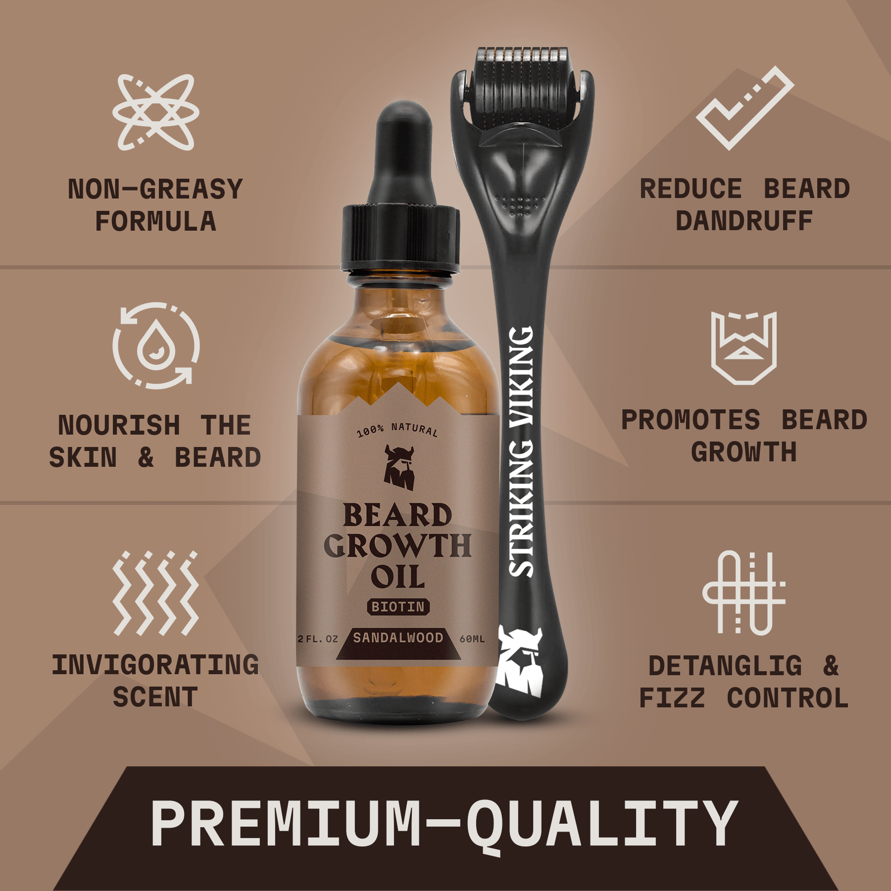 Beard Growth Kit with Sandalwood-scented oil and derma roller for thicker beard.