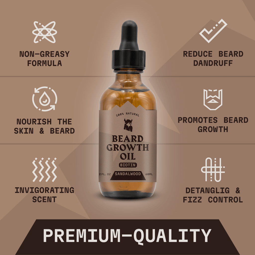 Beard Growth Oil Biotin Sandalwood bottle with benefits: non-greasy formula, reduces dandruff, nourishes beard, promotes growth, invigorating scent, detangling, premium quality.