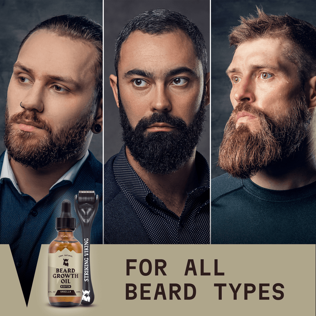 Beard Growth Kit for all types, featuring a vanilla-scented beard oil and derma roller to promote thicker, healthier beards.