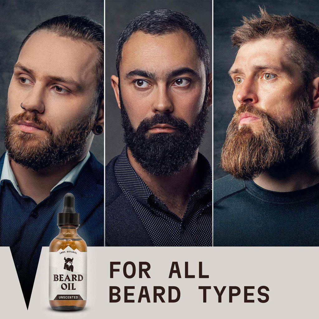 Beard Oil Unscented for all beard types, featuring Striking Viking bottle with diverse bearded men.