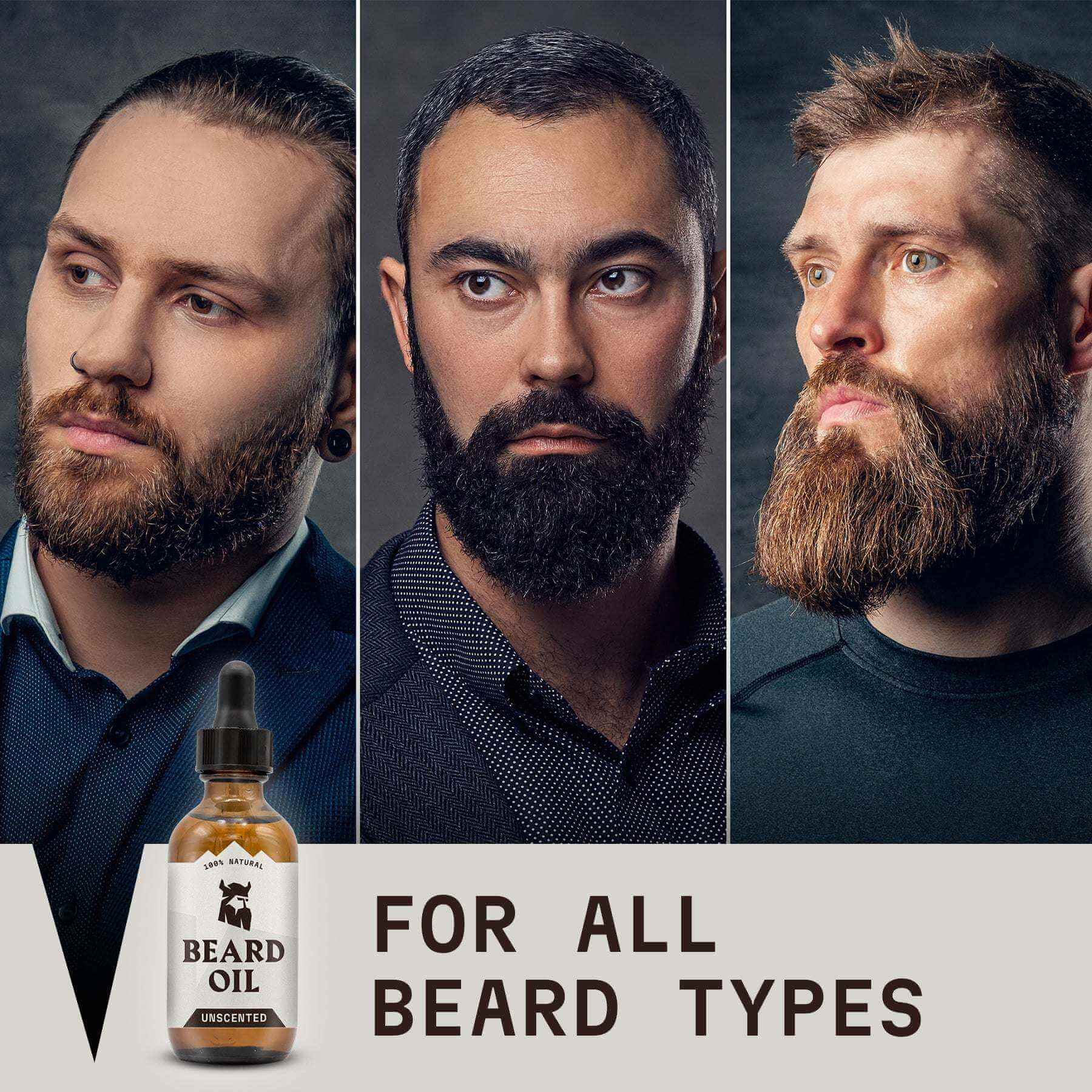 Beard Oil Unscented for all beard types, featuring Striking Viking bottle with diverse bearded men.
