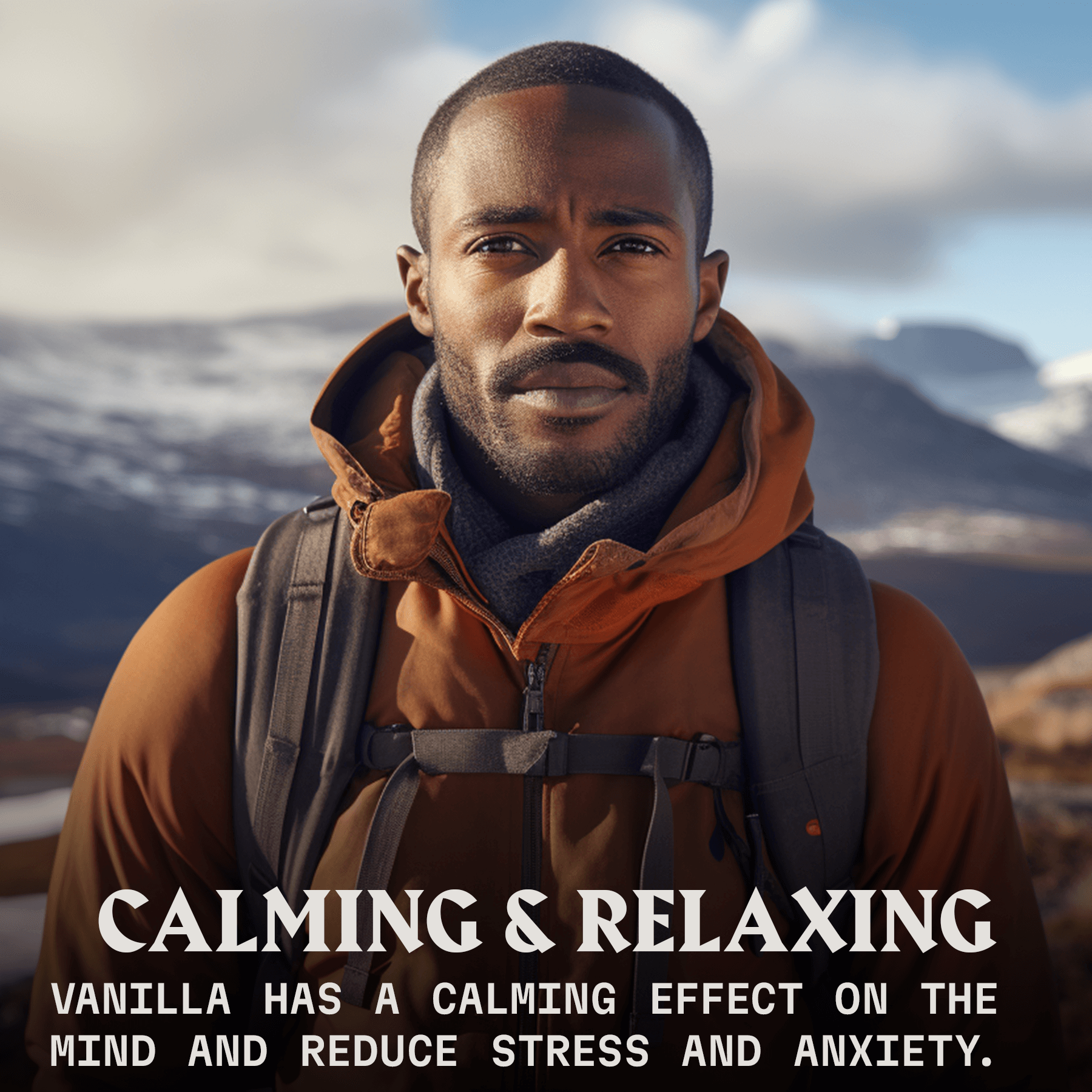 Bearded man in outdoor gear with calming and relaxing text about vanilla effect.