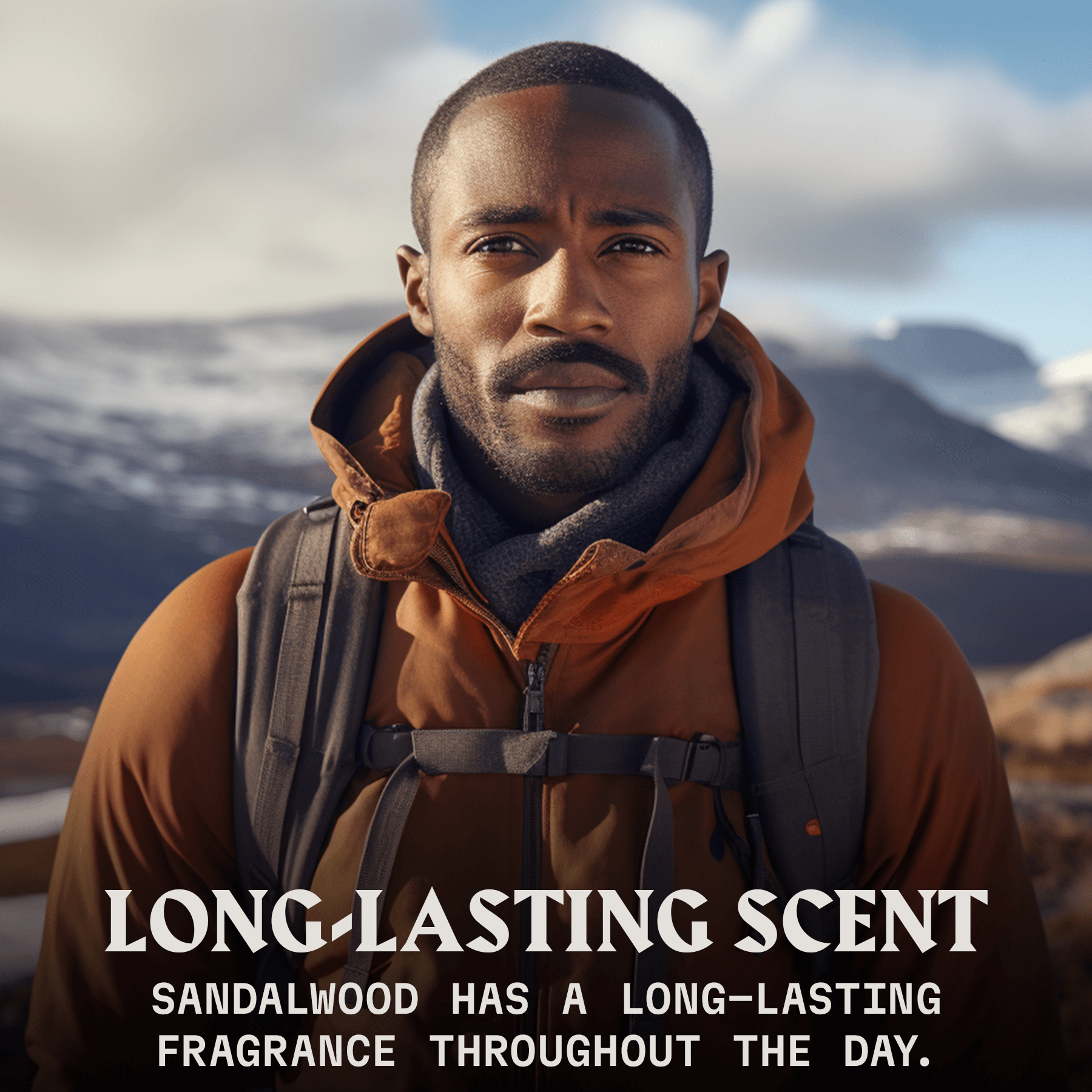 Bearded man outdoors highlighting sandalwood scent benefits of beard growth kit.