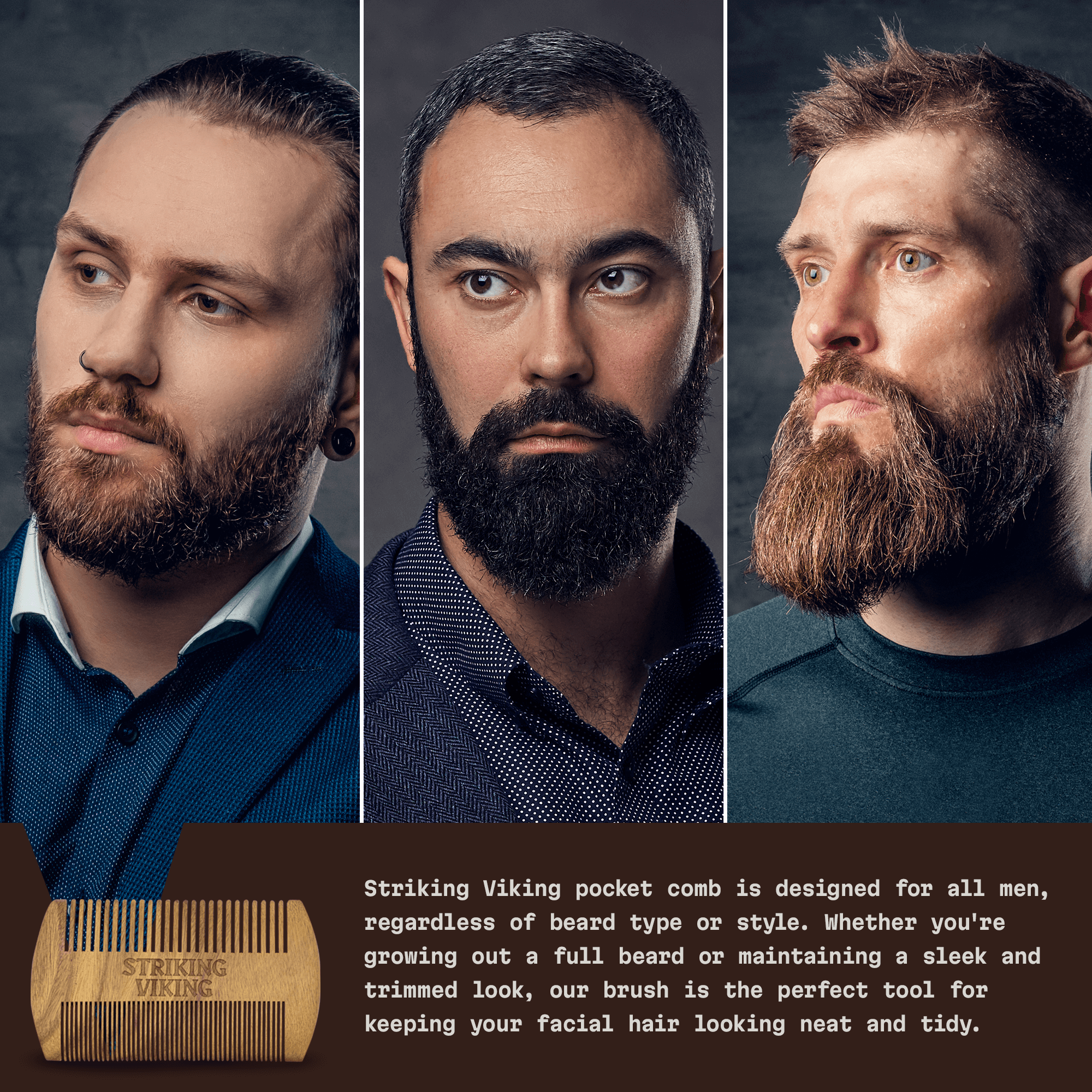 Sandalwood wooden beard comb in use by three men with full beards, highlighting its dual-sided design and natural texture.