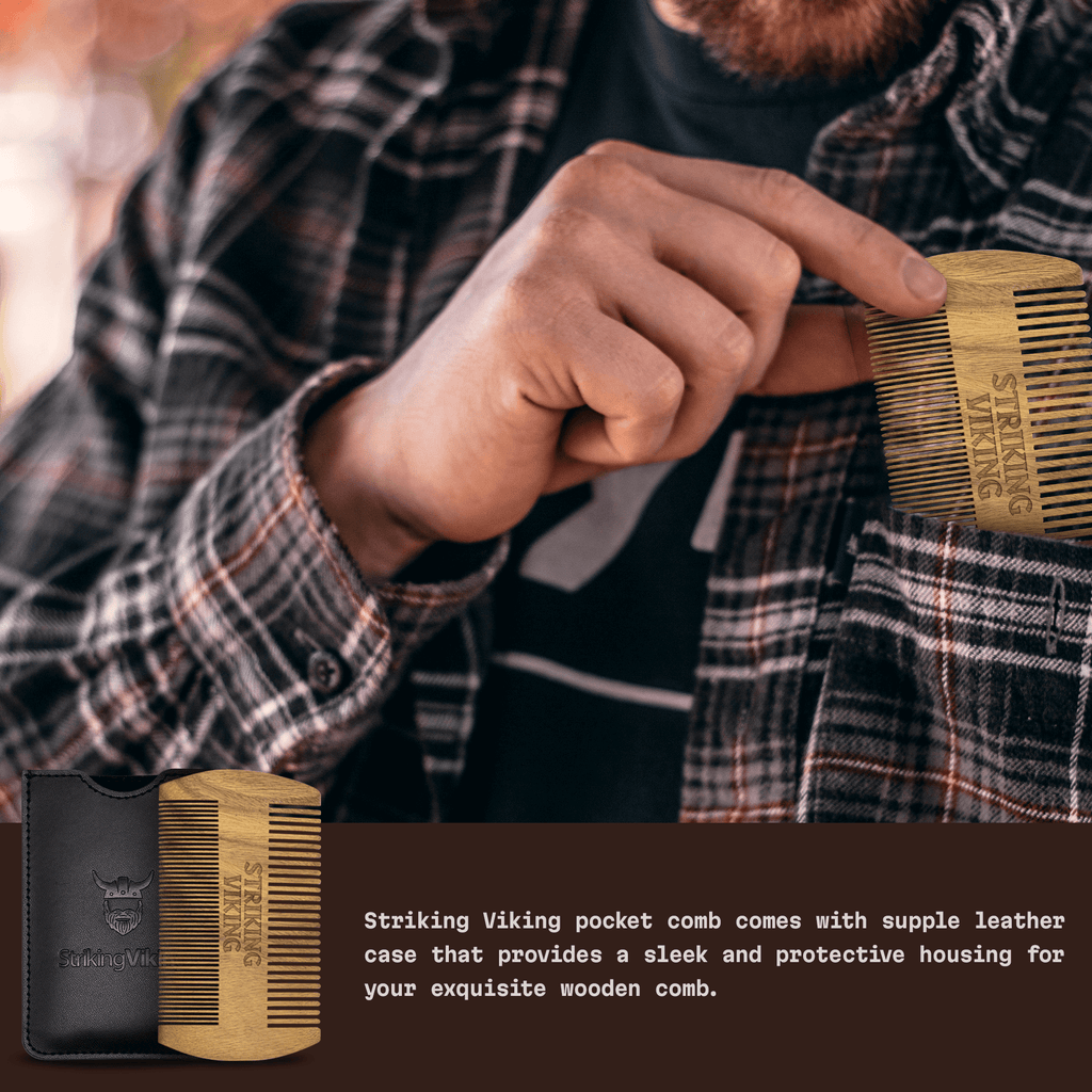 Sandalwood wooden beard comb with protective leather case being placed in a shirt pocket.