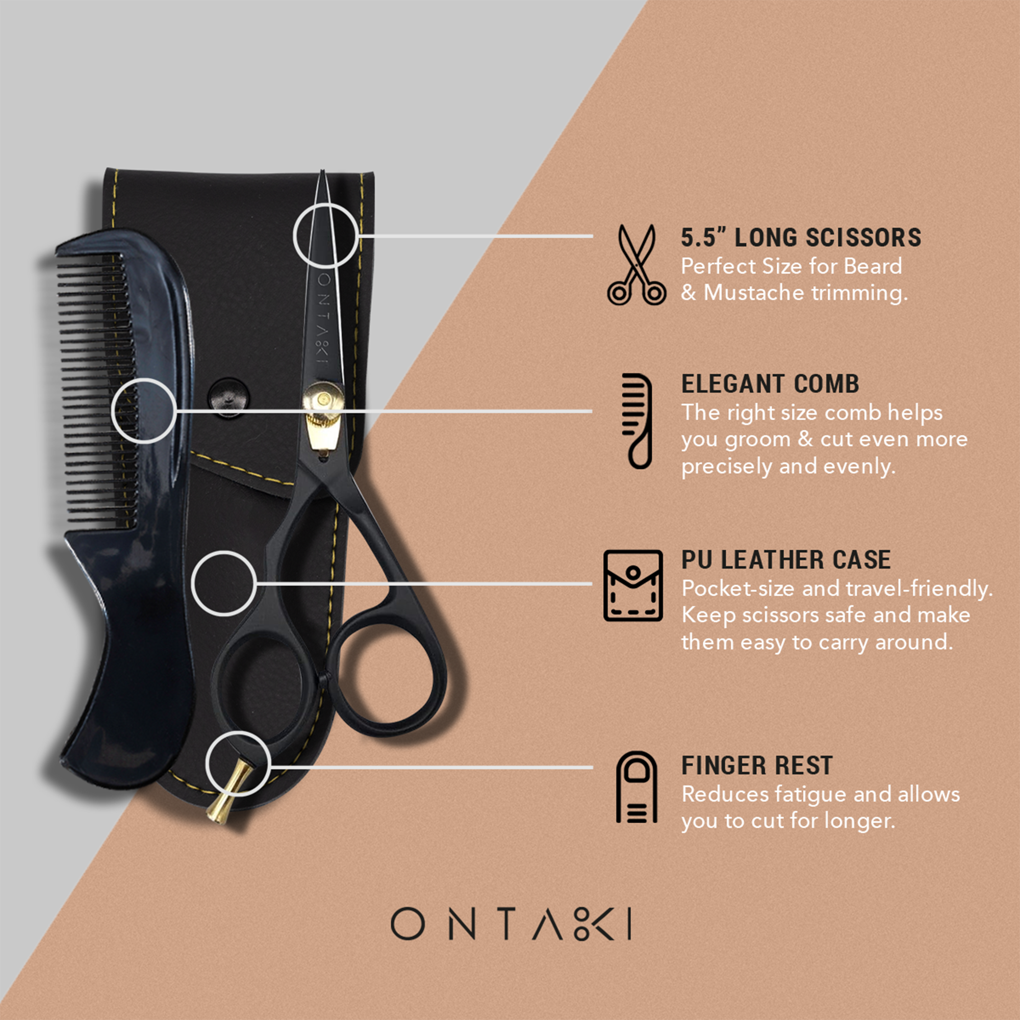 Foarfecă pentru barbă și mustață din oțel japonez (5.5") - Design ergonomic, Negru, pentru stângaci