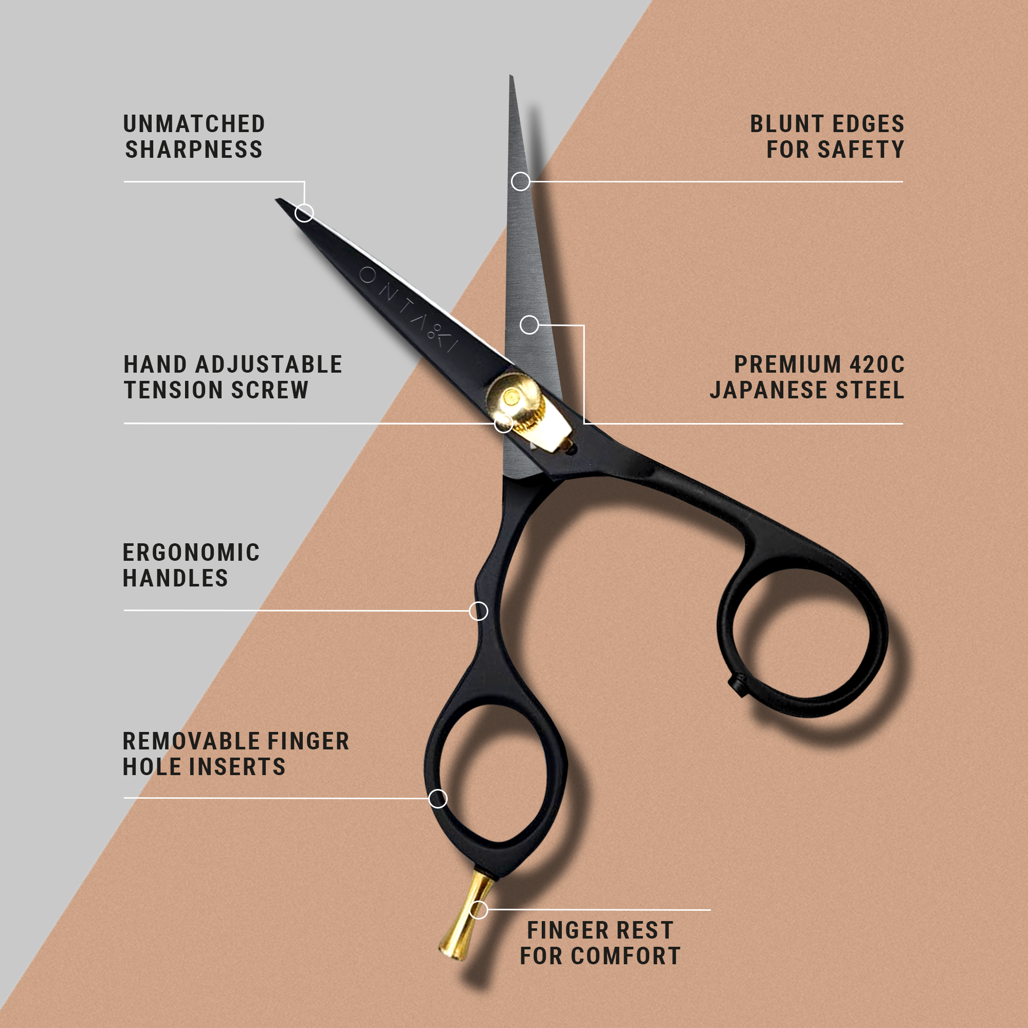 Foarfecă pentru barbă și mustață din oțel japonez (5.5") - Design ergonomic, Negru, pentru stângaci