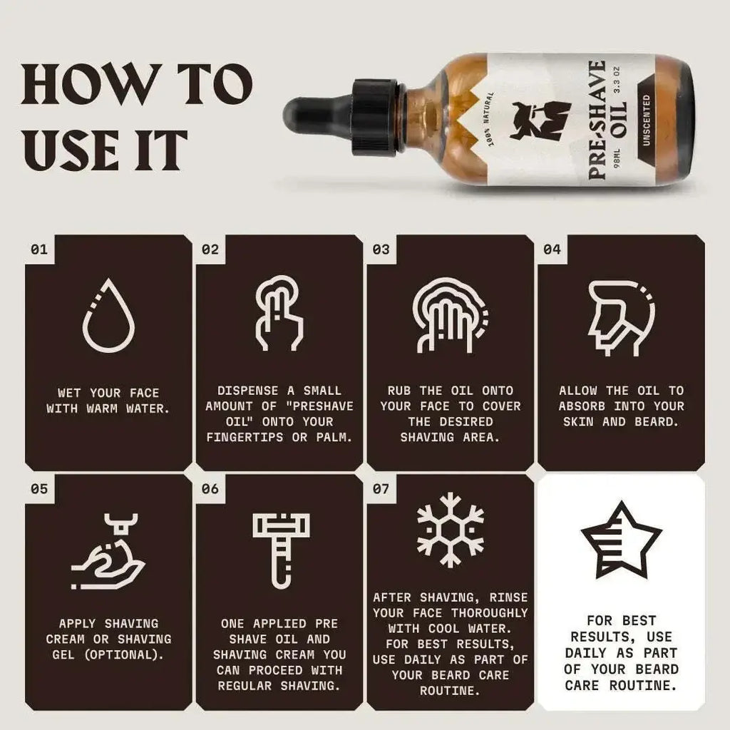 Pre Shave Oil for Men bottle with usage instructions for a smooth, irritation-free shave.