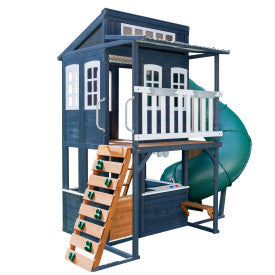 KidKraft Cozy Escape P280147E, Two-Level Wooden Garden Playhouse (FSC) with Slide, Children's Kitchen and Rock Wall, Navy