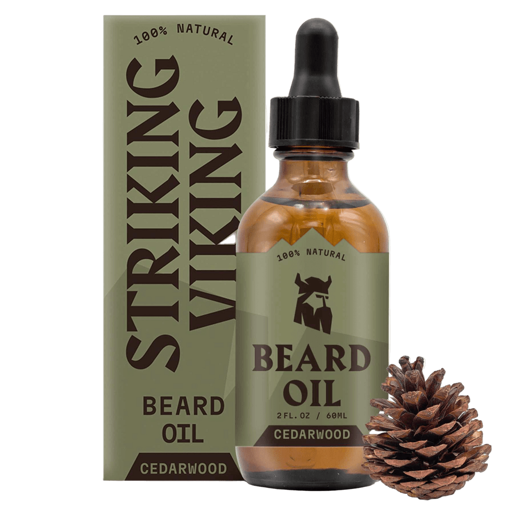 Striking Viking Cedarwood Beard Oil 2oz bottle with dropper and pine cone, all-natural organic formula for softening and moisturizing beard