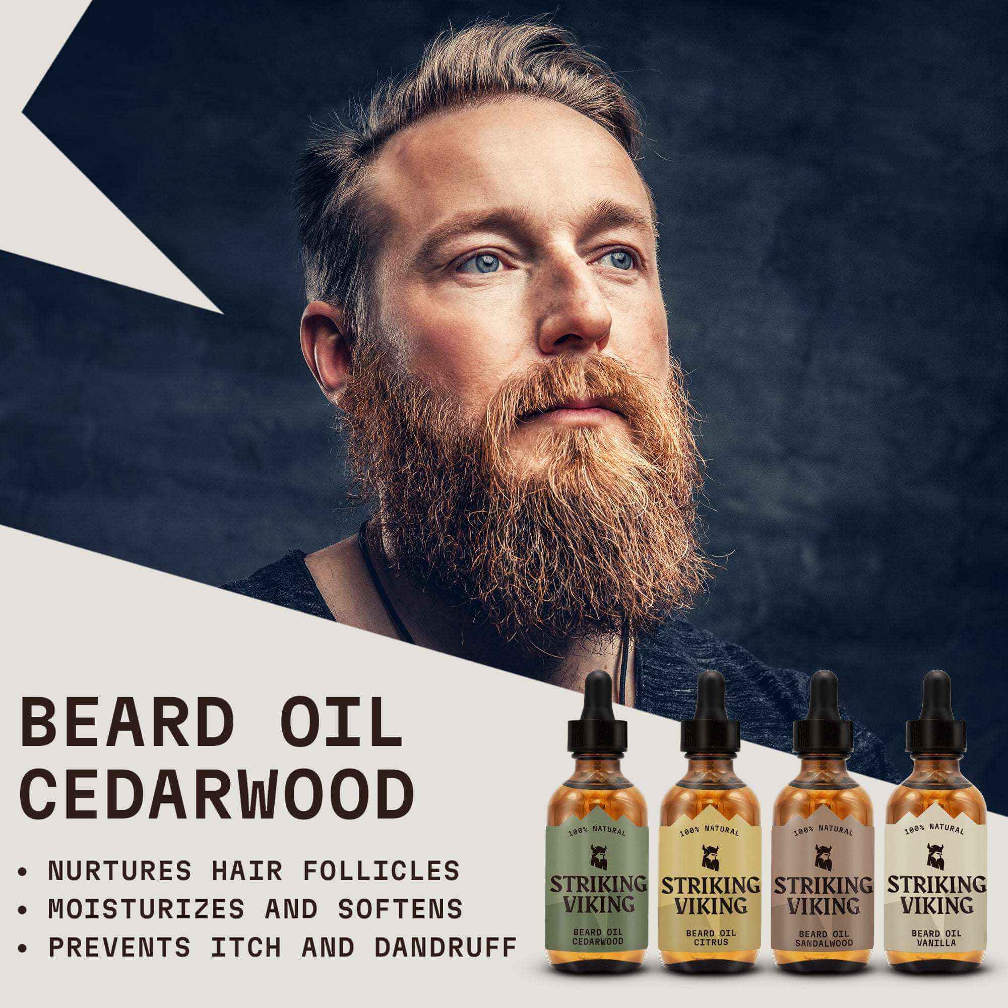 Beard Oil Variety 4 Pack Set with Cedarwood, Citrus, Vanilla, and Sandalwood scents.